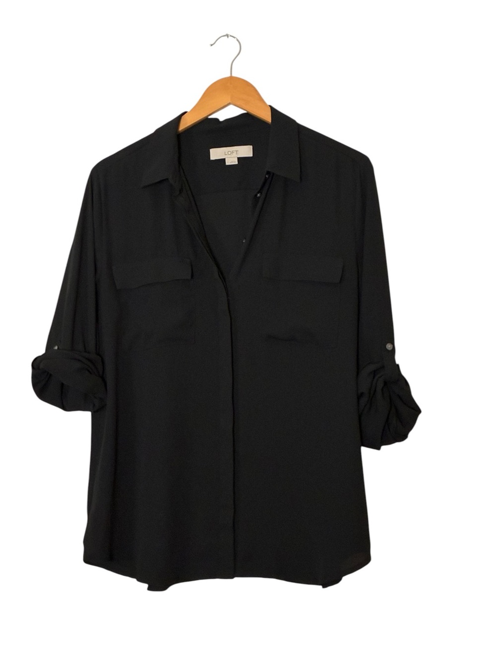 LOFT | LIKE NEW Black roll sleeves lightweight button front sheer blouse large